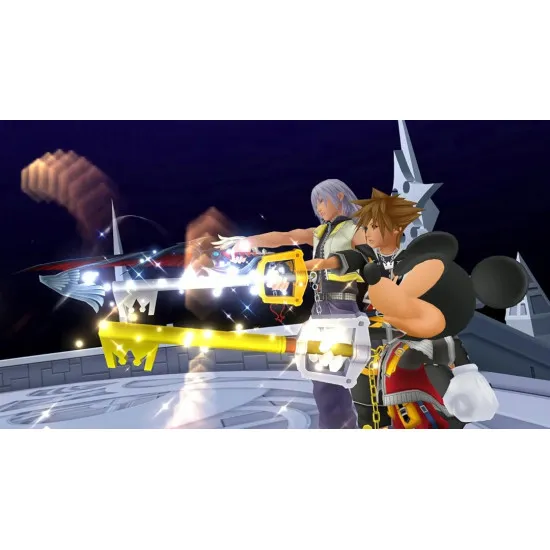 A PlayStation 5 game case depicting Sora sitting on a crown-adorned throne surrounded by his friends while floating keyblades create a striking background outline